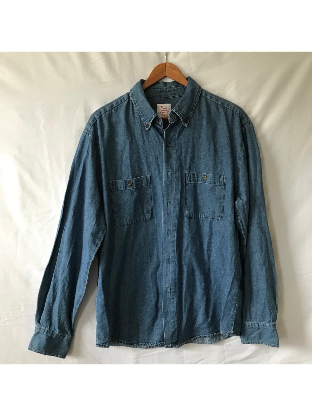 Open Trails Denim Shirt M Blue Long Sleeve Pocket Workwear 90s Cotton